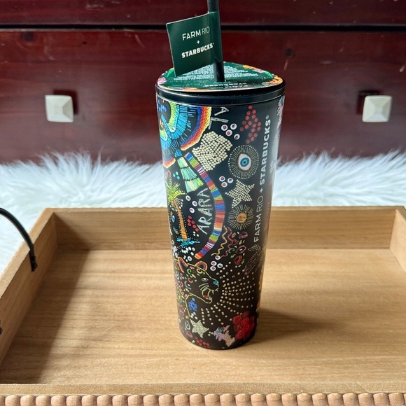Starbucks x Farm Rio Black Rainbow Embroidery Beadwork Tumbler with Straw 24oz - Picture 6 of 7